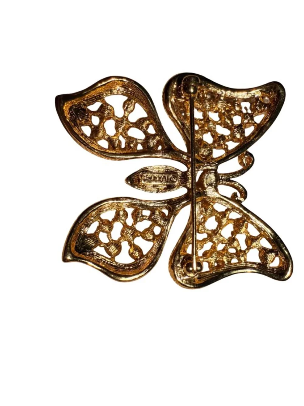 Vintage Monet Butterfly Brooch Gold Tone Rhinestone Openwork Pin Designer Jewelr